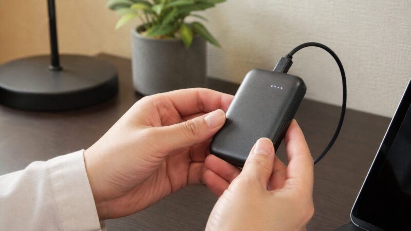 モバイルバッテリーのランプ点滅を確認する手元