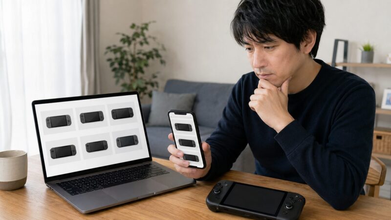 Steam Deckをどこで買えるか通販サイトで確認する日本人男性