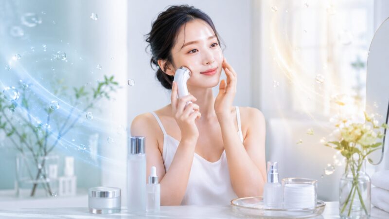 イオン導入と保湿ケアをイメージした美顔器使用シーン