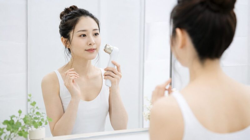 エアショット系美顔器を肌に押し当てず慎重に使う日本人女性