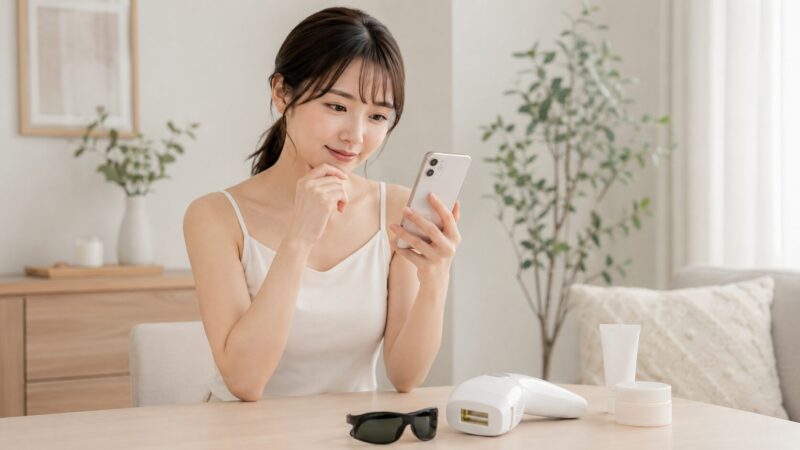 エイティ脱毛器の口コミと評判をスマホで確認する女性