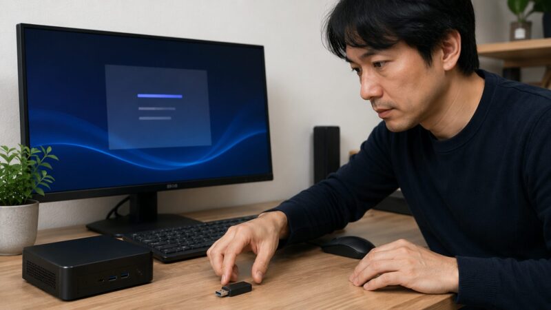 　USBメモリとミニPCを使ってOS再インストールを準備する様子