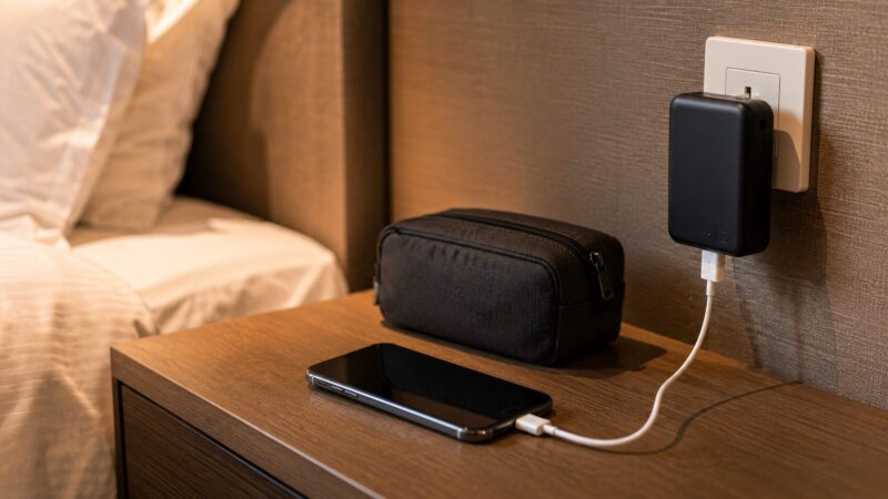 ホテルでコンセント一体型モバイルバッテリーを使ってスマホを充電する様子