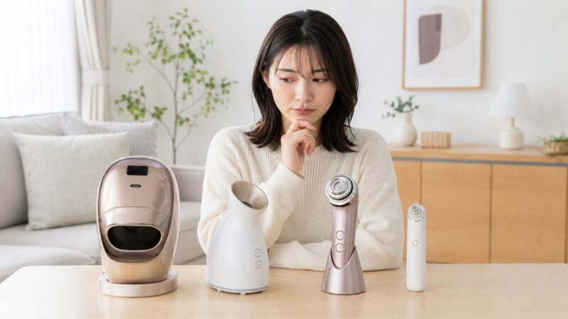 サキナ美顔器の代替案として複数の美顔器を比較する女性