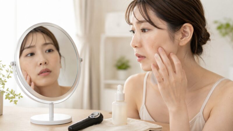 美顔器でシミへの効果を期待しすぎず肌状態を確認する日本人女性