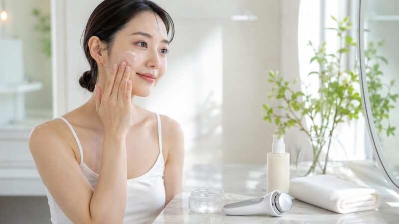 メディキューブ美顔器の摩擦を減らすため頬に保湿ジェルを塗る日本人女性