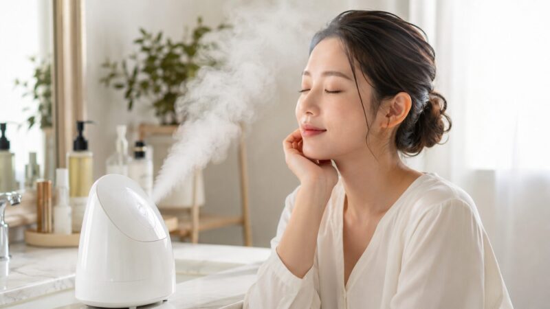 スチームケア用美顔器で肌を整える日本人女性