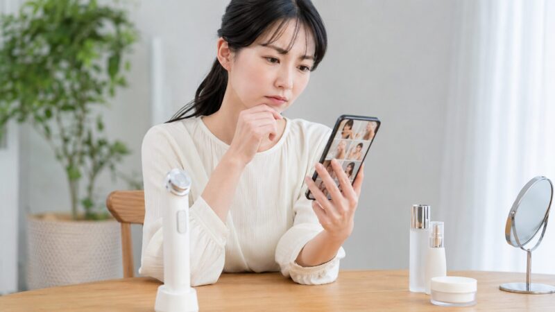 美顔器のSNS口コミやPR投稿を慎重に確認する日本人女性