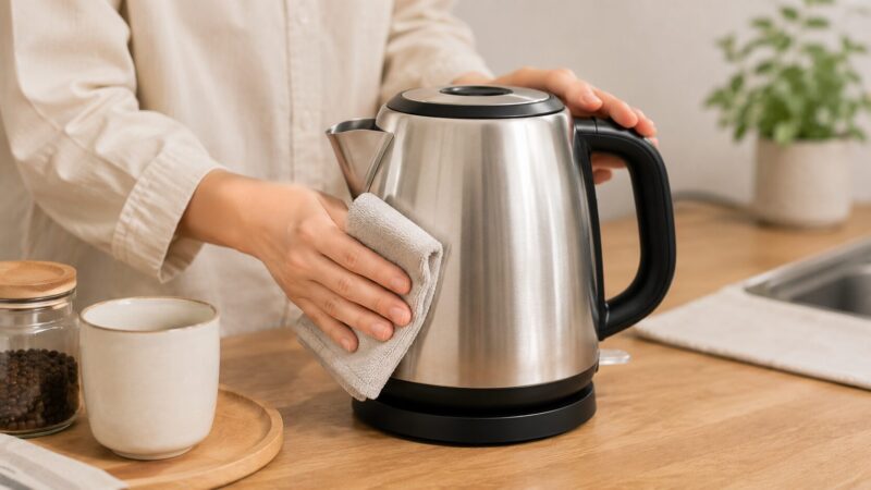 ステンレス調の電気ケトルを手入れするイメージ
