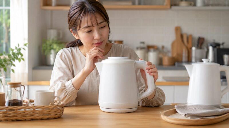 安全機能が充実した蒸気レス電気ケトルをキッチンで確認する様子