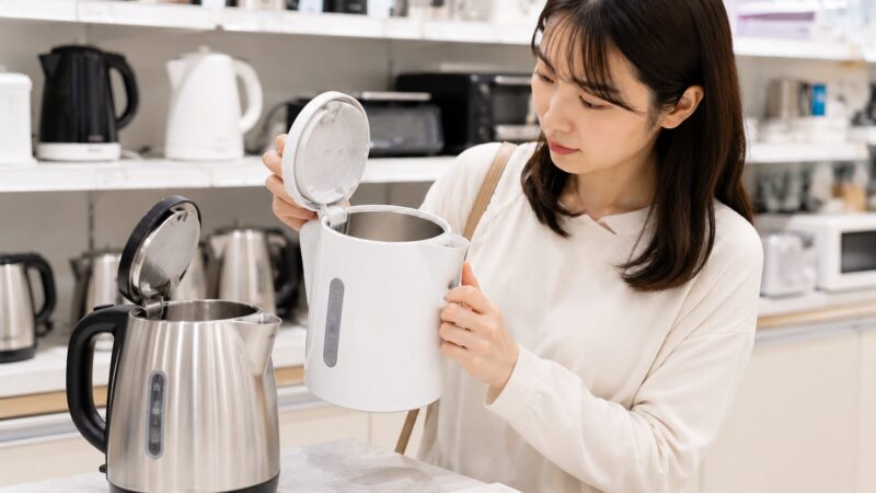 電気ケトルのふた裏や注ぎ口など湯に触れる材質を確認する日本人女性
