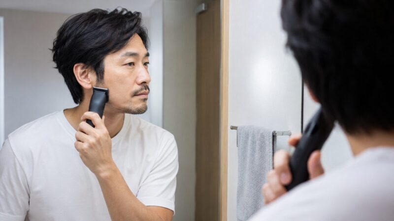 ポップアップトリマーで長いヒゲを整える日本人男性