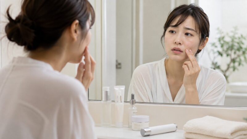 　美顔器使用後のニキビや肌荒れの原因を確認する日本人女性