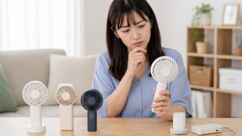 爆発リスクを下げるためにハンディファンを比較する様子