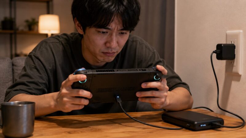 携帯型ゲーミングPCのバッテリー持ちの弱点を示す充電中の利用イメージ
