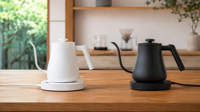 新型と旧型の電気ケトルの違いを視覚的に比較するキッチンイメージ