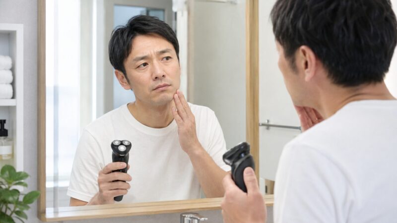 回転式シェーバーで剃れない原因を確認する日本人男性