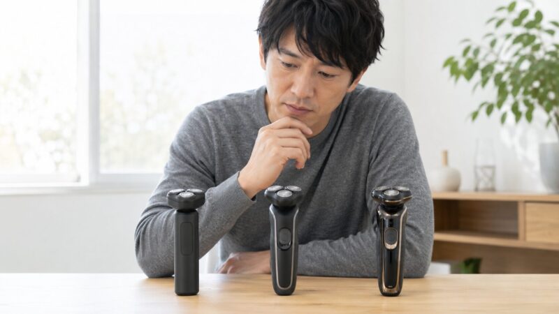 目的別に回転式シェーバーを比較する日本人男性