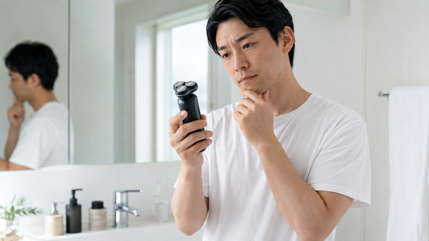 　回転式シェーバーの特徴を確認する日本人男性
