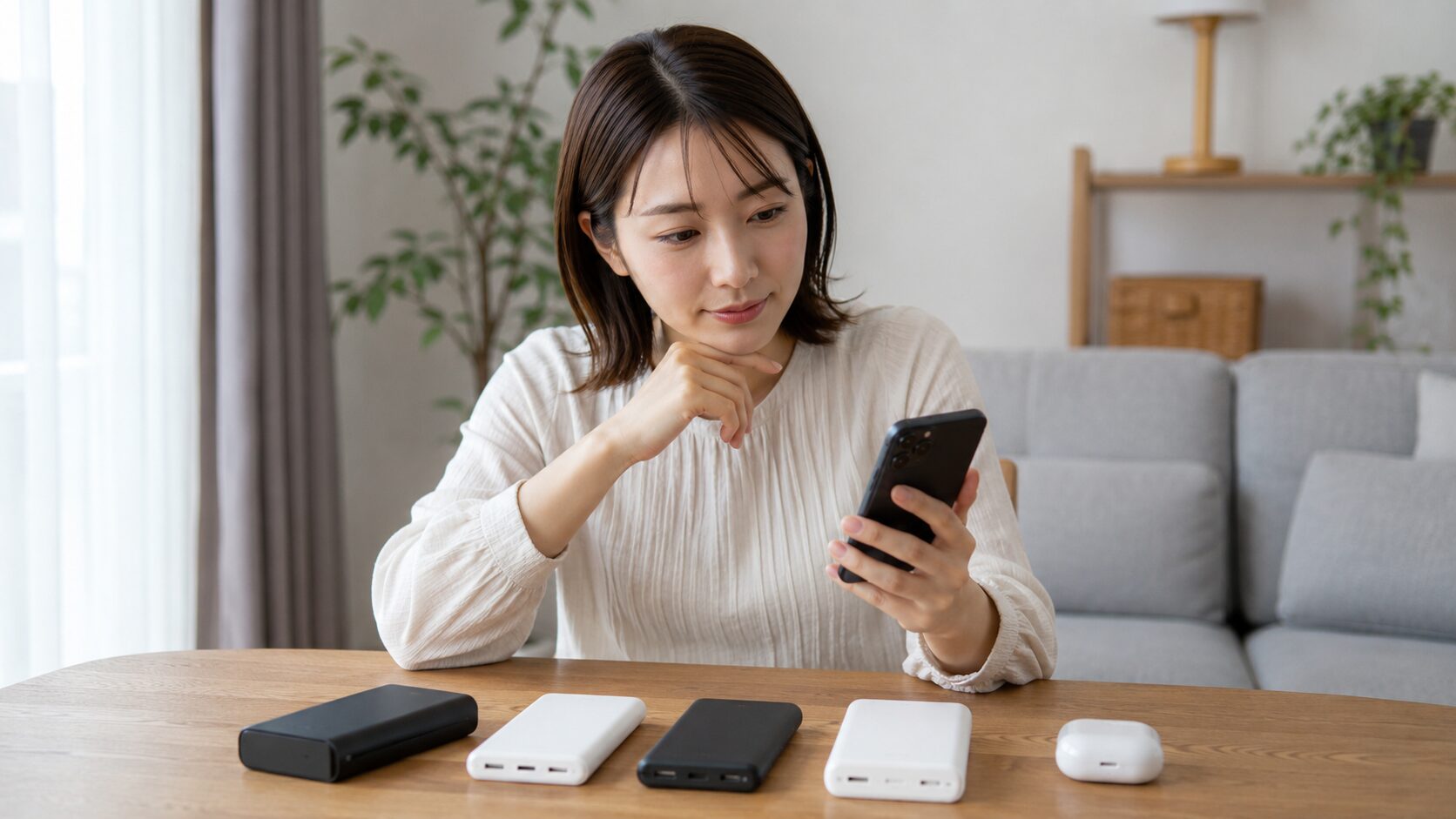 モバイルバッテリーの評判を確認しながら購入前に比較する日本人女性