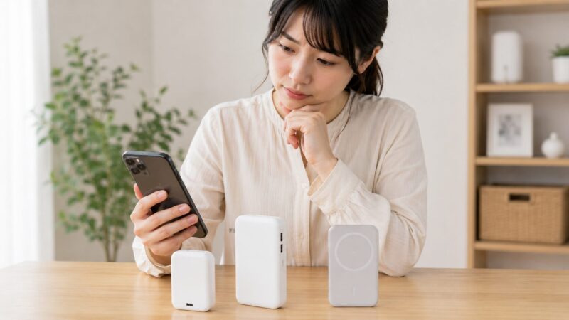 用途に合わせて複数のモバイルバッテリーを比較して選ぶ様子