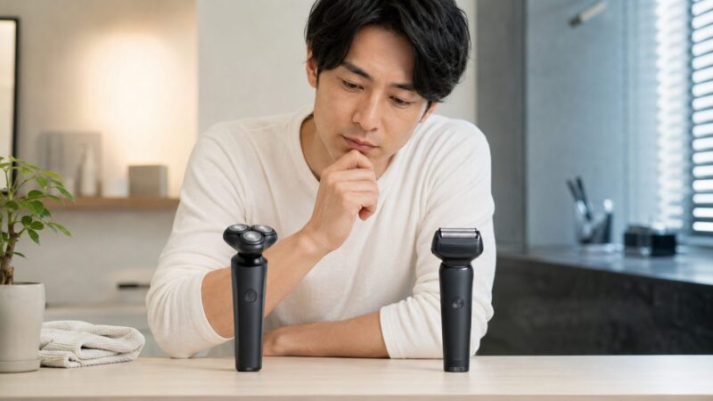 回転式シェーバーと往復式シェーバーを比較する日本人男性