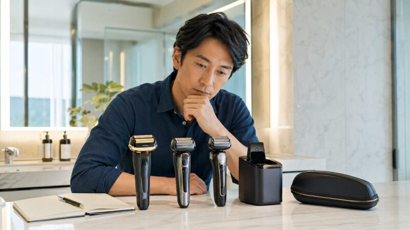 ブラウンシリーズ9 Proの選び方を検討する日本人男性と複数のシェーバー