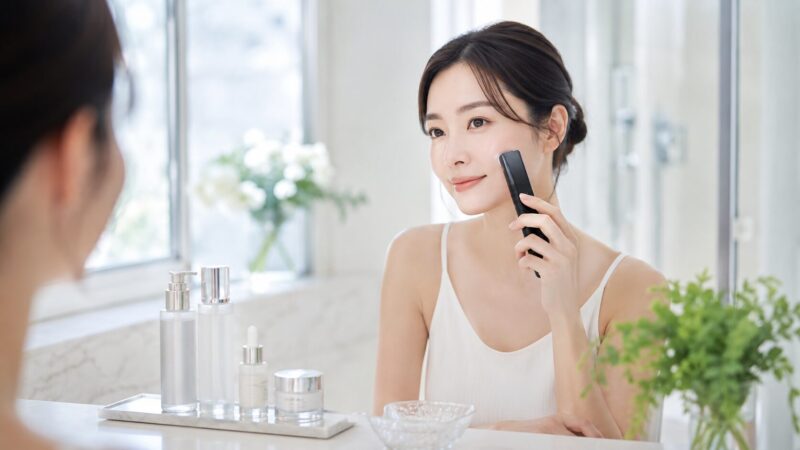 複数の肌悩みに使いやすいブースタープロ系美顔器を使う日本人女性