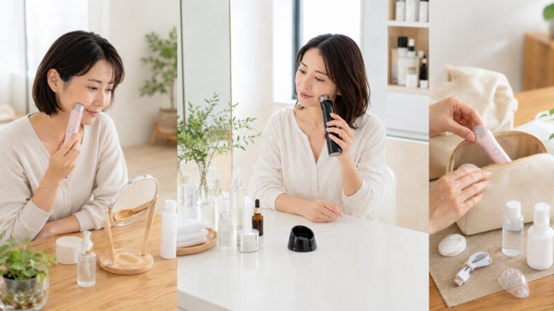 - 毎日使い、本格ケア、旅行用など用途別に美顔器を選ぶイメージ