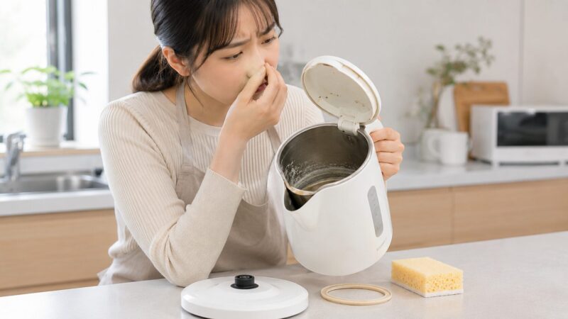 電気ケトルのプラスチック臭やパッキン劣化を確認する日本人女性