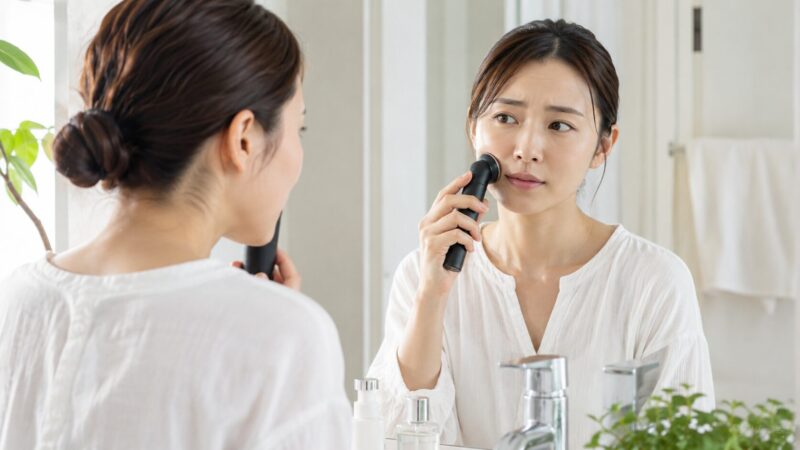 メディキューブ美顔器の効果を鏡で確認する日本人女性