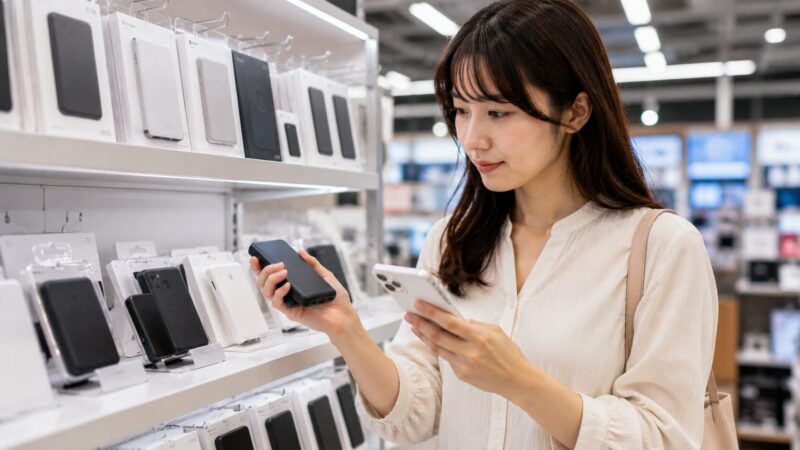 家電量販店でモバイルバッテリーの購入先を比較する日本人女性