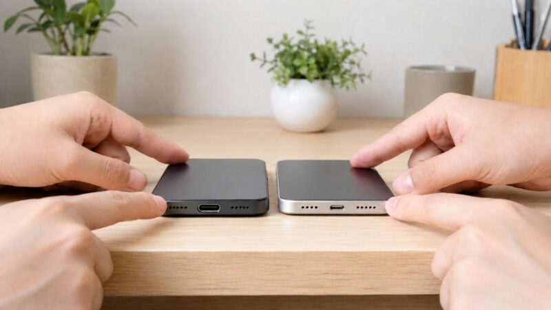 スマホのUSB-C端子とLightning端子の違いを確認する様子