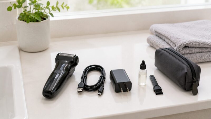 洗浄機なしの電気シェーバーと手入れ用品や充電用品を並べたイメージ