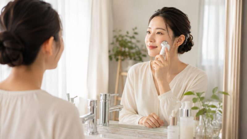 リフトケア美顔器を頬に当てて使う日本人女性