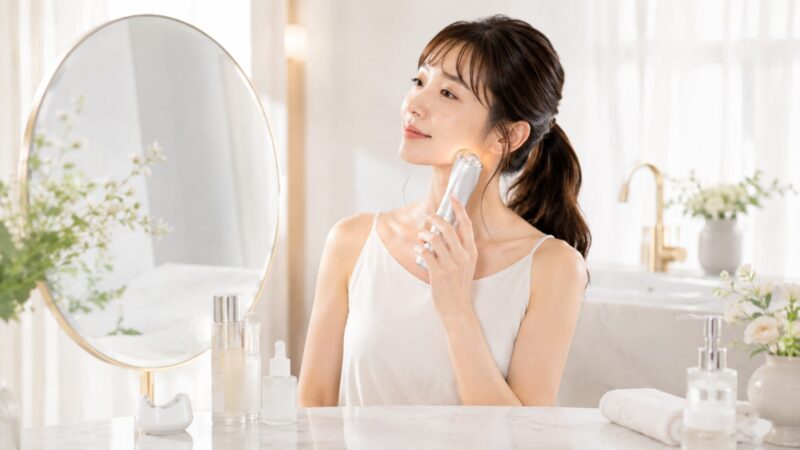 フェイスラインをリフトケアする日本人女性のイメージ