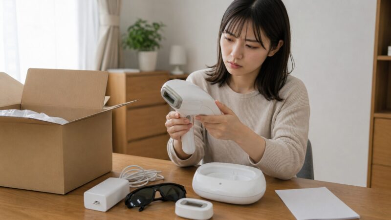 中古の家庭用脱毛器を購入前に慎重に確認する女性