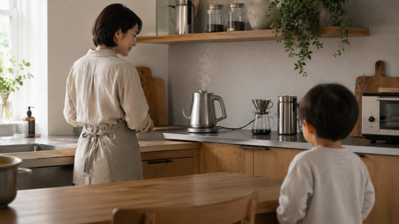 子どもの手が届かない場所で電気ケトルを安全に使う日本の家庭イメージ