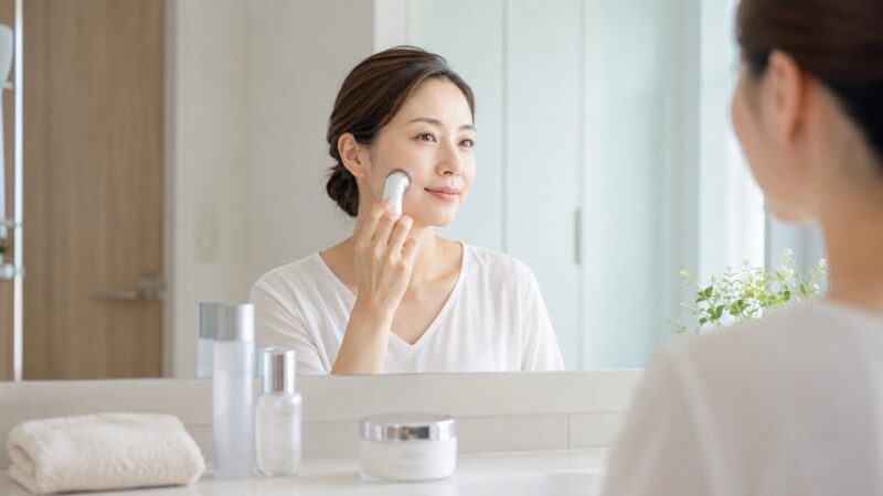 洗顔後に化粧水をなじませて美顔器をやさしく使う順番のイメージ