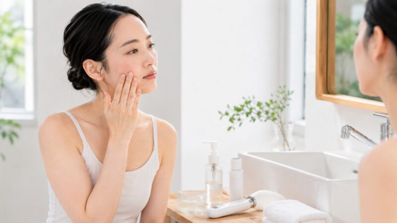 メディキューブ美顔器の使用を中止して頬の赤みや痛みを確認する日本人女性