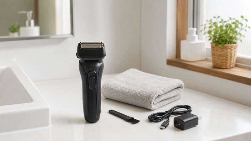 価格重視で選ぶシンプルな3枚刃風電気シェーバーと手入れ用品のイメージ