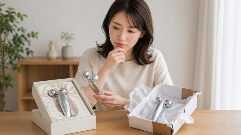 美容ローラーの正規品と偽物リスクを確認する女性