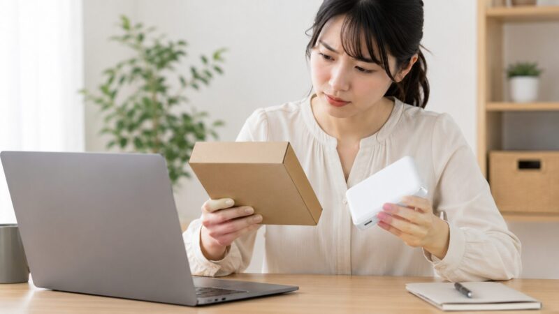 通販でモバイルバッテリーの販売元や保証を確認する日本人女性