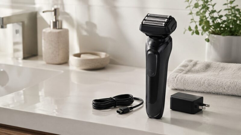 充電しながら使える電気シェーバーとACアダプターを置いた洗面台イメージ