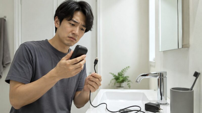 充電切れのパームインシェーバーを前に困る男性