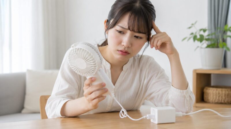 充電できないハンディファンと充電器を確認する様子