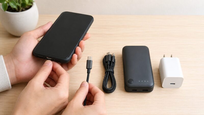 スマホが充電できない原因を端子やケーブルから確認する様子