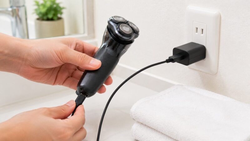 電気シェーバーが充電できない時にケーブルとアダプターを確認する様子