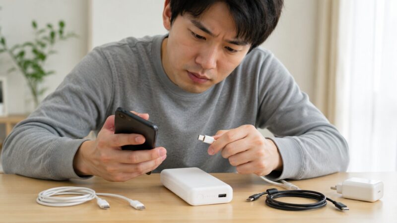 モバイルバッテリーが充電できない原因をケーブルや端子で確認する様子