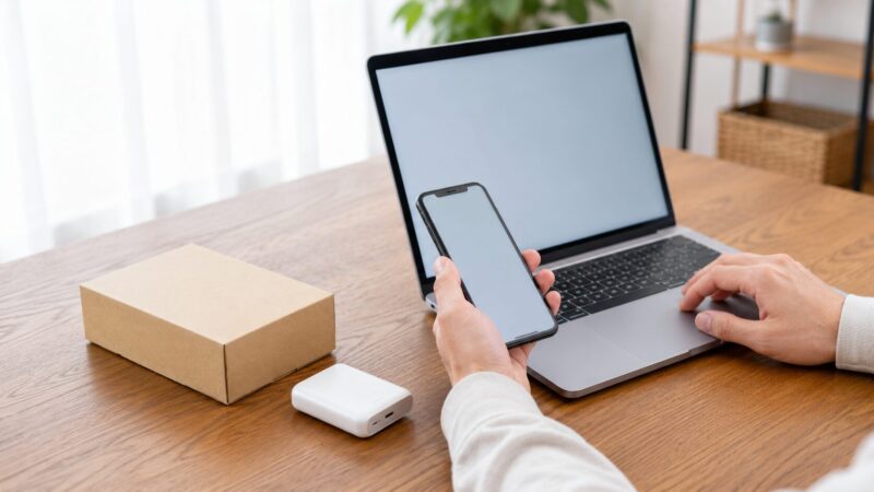 モバイルバッテリー購入前に販売元と保証を確認する様子